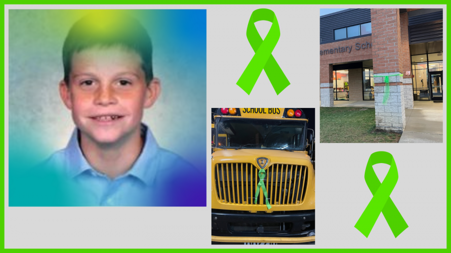 Collage of green ribbons for Wade on buses and school and picture of Wade